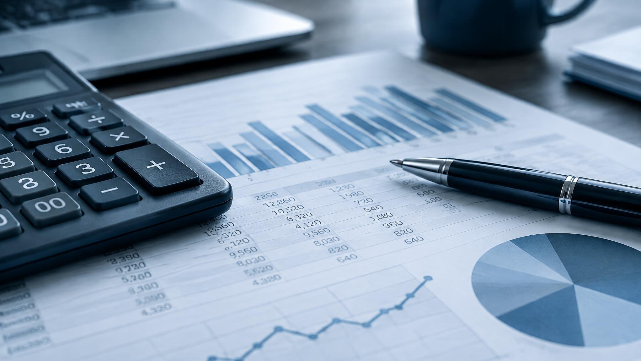 Papers, a calculator and a pen on a desk during document analysis