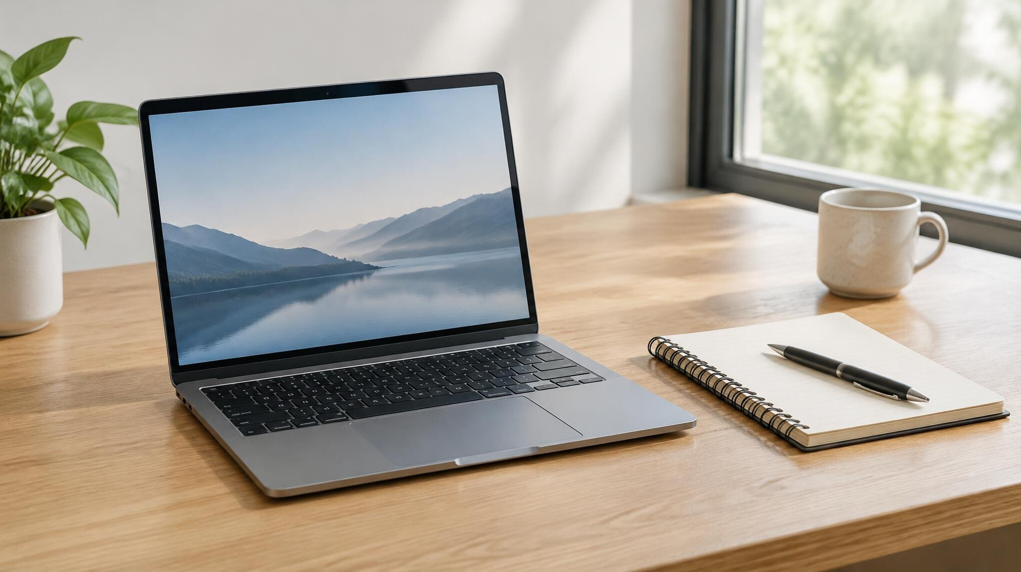Laptop open on a clean desk next to a notebook